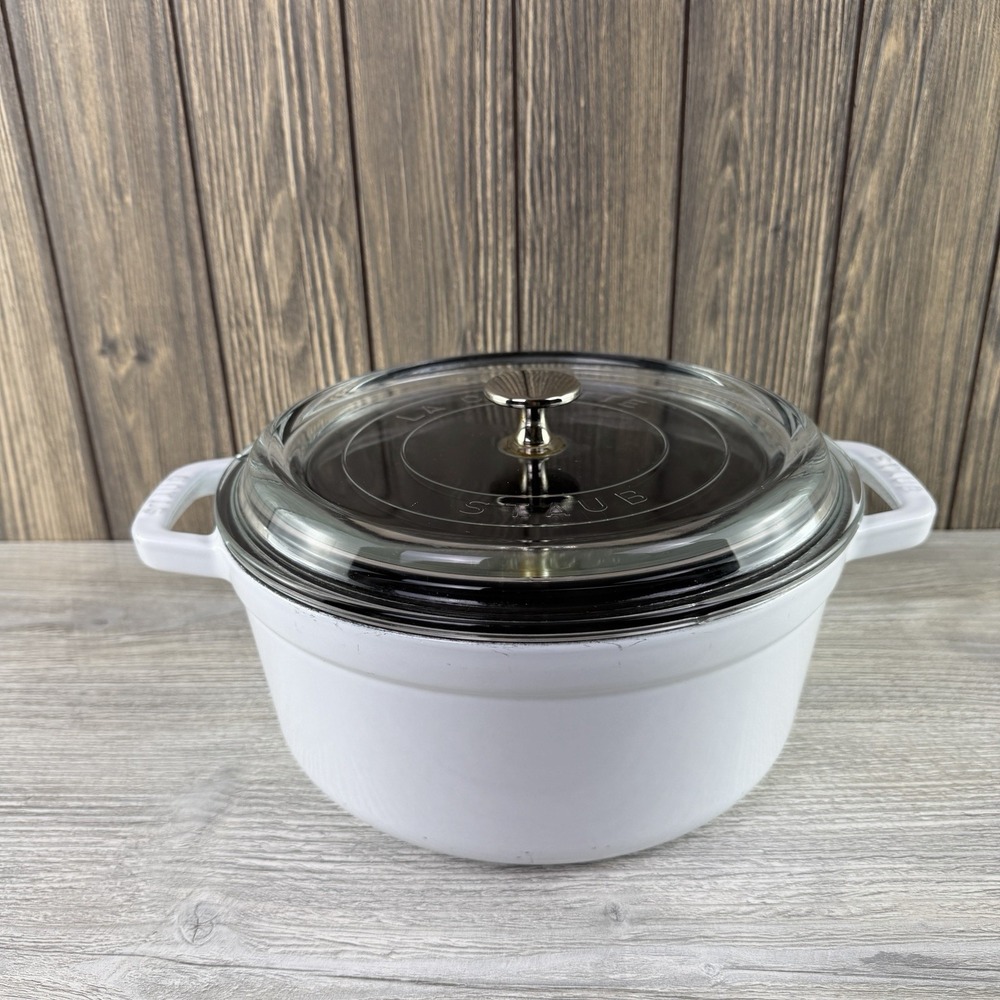 Staub La Cocotte 4 Qt 24cm White Truffle Cast Iron Dutch Oven Glass Lid France